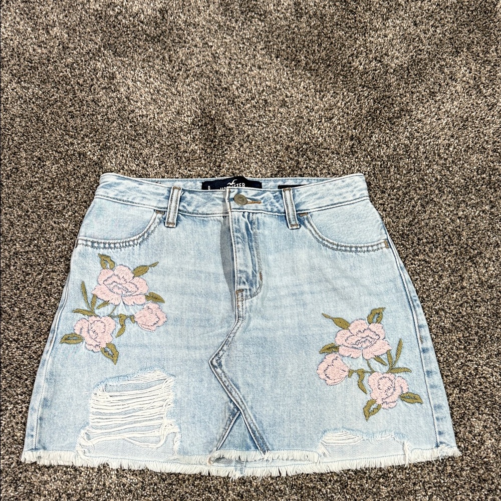 Hollister Light Blue Denim Skirt with Pink Floral Embroidery